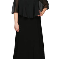 Plus Cold Shoulder Popover Jersey & Chiffon Gown with Beaded Neckline