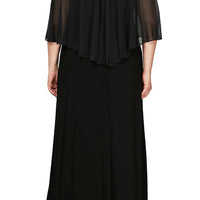 Plus Cold Shoulder Popover Jersey & Chiffon Gown with Beaded Neckline