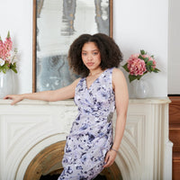 Floral Stretch Crepe Party Dress with Surplice Neckline & Embellishment at Hip