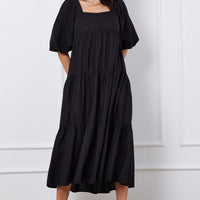 Black Midi Dress Short Sleeve Square Neck