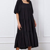 Black Midi Dress Short Sleeve Square Neck