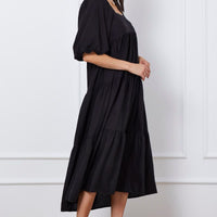 Black Midi Dress Short Sleeve Square Neck