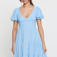 Blue Midi Dress Short Sleeve V Neck
