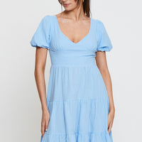 Blue Midi Dress Short Sleeve V Neck