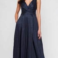 Long Stretch Taffeta Sleeveless Dress with V-Neckline