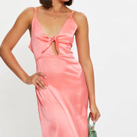 Brown Tie Front Satin Midi Dress