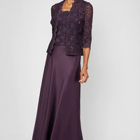 Petite Lace & Satin Gown with 3/4 Sleeve Scalloped Lace Sequin Jacket