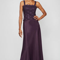 Petite Lace & Satin Gown with 3/4 Sleeve Scalloped Lace Sequin Jacket