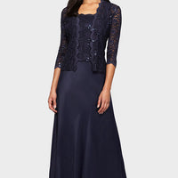 Lace & Satin Gown with 3/4 Sleeve Scalloped Lace Jacket
