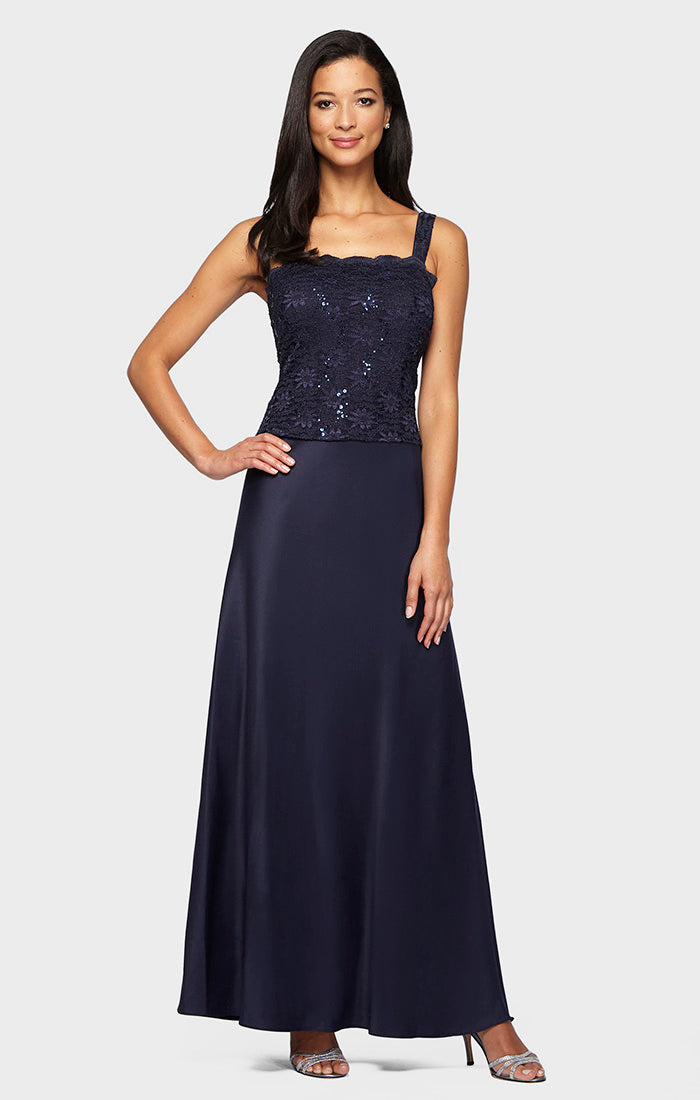 Petite Lace & Satin Gown with 3/4 Sleeve Scalloped Lace Sequin Jacket