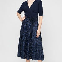 Petite Lace & Jersey Cocktail Dress with Full Rosette Lace Skirt & Tie Belt