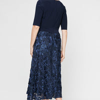 Petite Lace & Jersey Cocktail Dress with Full Rosette Lace Skirt & Tie Belt