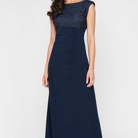 Long Empire Waist Lace and Jersey Gown with Side Ruched Skirt and Cowl Back Detail
