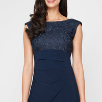 Long Empire Waist Lace and Jersey Gown with Side Ruched Skirt and Cowl Back Detail