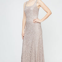 Sequin Lace Long A-Line Dress with 3/4 Sleeve Illusion Jacket