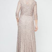 Sequin Lace Long A-Line Dress with 3/4 Sleeve Illusion Jacket