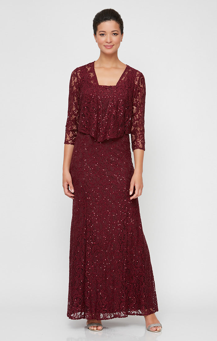 Regular - Long A-Line Jacket Dress With Illusion Cascade Jacket and Sequin Detail