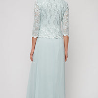 3/4 Sleeve Lace and Chiffon Gown with Scalloped Lace Detail