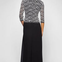 Petite Long Gown with Lace Bodice with 3/4 Illusion Sleeves, Scalloped Hem Detail and Chiffon Skirt