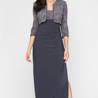 Petite Glitter Jacquard Knit & Matte Jersey Gown with Bolero Jacket