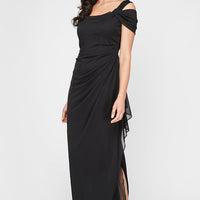 Cold Shoulder Mesh Gown with Cowl Neckline & Overlay Skirt
