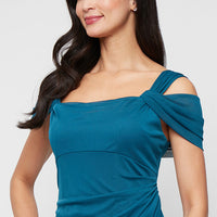 Cold Shoulder Mesh Gown with Cowl Neckline & Overlay Skirt