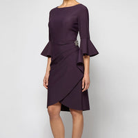 Sheath Contour Cocktail Dress with Bell Sleeves, Embellished Hip & Cascade Ruffle Detail