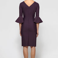 Sheath Contour Cocktail Dress with Bell Sleeves, Embellished Hip & Cascade Ruffle Detail