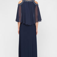 Cold Shoulder Popover Jersey & Chiffon Gown with Beaded Neckline