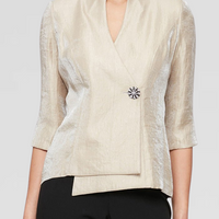 Petite 3/4 Sleeve Shimmer Satin Blouse with Asymmetric Overlay Hem and Embellished Closure