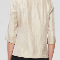 Petite 3/4 Sleeve Shimmer Satin Blouse with Asymmetric Overlay Hem and Embellished Closure