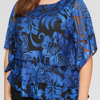 Plus 3/4 Sleeve Chiffon Printed Blouse With Illusion Sleeves and Asymmetric Triple Tier Hem