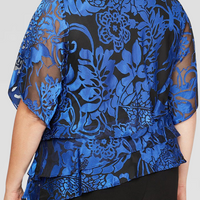 Plus 3/4 Sleeve Chiffon Printed Blouse With Illusion Sleeves and Asymmetric Triple Tier Hem