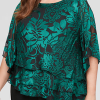 Plus 3/4 Sleeve Chiffon Printed Blouse With Illusion Sleeves and Asymmetric Triple Tier Hem