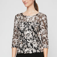 3/4 Sleeve Stretch Tulle Blouse with Embroidered Detail and Illusion Neckline