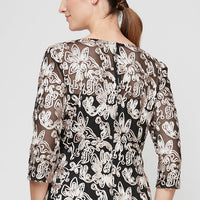 3/4 Sleeve Stretch Tulle Blouse with Embroidered Detail and Illusion Neckline