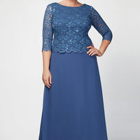 Plus Lace & Chiffon Gown with Scallop Edge Detail