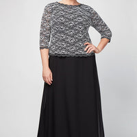 Plus Long Gown with Lace Bodice with 3/4 Illusion Sleeves, Scalloped Hem Detail and Chiffon Skirt