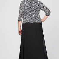 Plus Long Gown with Lace Bodice with 3/4 Illusion Sleeves, Scalloped Hem Detail and Chiffon Skirt