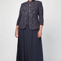 Plus Glitter Jacquard Knit Jacket Dress with Mandarin Neckline