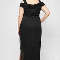 Plus Cold Shoulder Mesh Gown with Cowl Neckline & Overlay Skirt