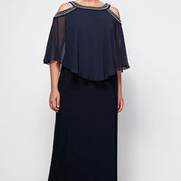 Plus Cold Shoulder Popover Jersey & Chiffon Gown with Beaded Neckline