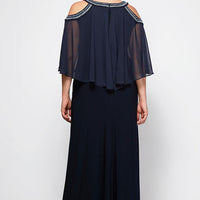 Plus Cold Shoulder Popover Jersey & Chiffon Gown with Beaded Neckline
