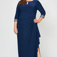 Plus Matte Jersey Dress with Keyhole Cutout Neckline and Embellished Sleeves/Neckline