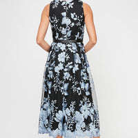 Sleeveless Embroidered Party Dress with Full Skirt & Satin Tie Belt