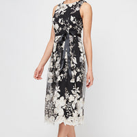 Sleeveless Embroidered Party Dress with Full Skirt & Satin Tie Belt