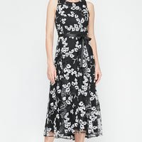 Regular - Sleeveless Embroidered Stretch Tulle Dress with High/Low Hem & Tie Belt