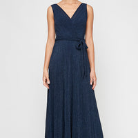 Regular - Long Glitter Mesh Sleeveless Surplice Neckline Dress with A-Line Skirt & Tie Belt