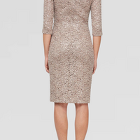 Petite - Short Sheath Sequin Lace Cocktail Dress with L-Shaped Neckline and 3/4 Sleeves