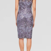 Regular - Short Embroidered Tulle Sheath Cocktail Dress with Illusion Cap Sleeves and V-Neckline